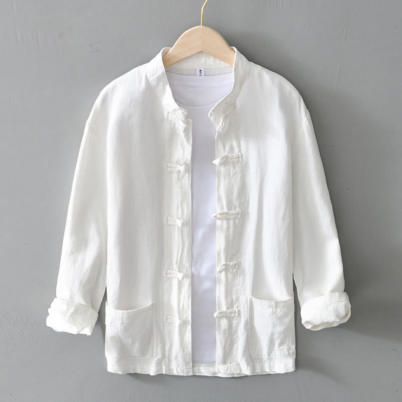 Abito cinese Tang con bottoni a forma di rana e motivo Buddha Stones, camicia da uomo in cotone e lino con tasche. - Bianco - US/UK/AU50, EU60 (5XL) - image 6