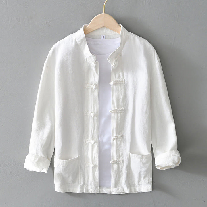 Abito cinese Tang con bottoni a forma di rana e motivo Buddha Stones, camicia da uomo in cotone e lino con tasche. - Bianco - US/UK/AU50, EU60 (5XL) - image 6