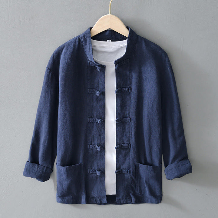 Abito cinese Tang con bottoni a forma di rana e motivo Buddha Stones, camicia da uomo in cotone e lino con tasche. - SteelBlue - US/UK/AU50, EU60 (5XL) - image 28