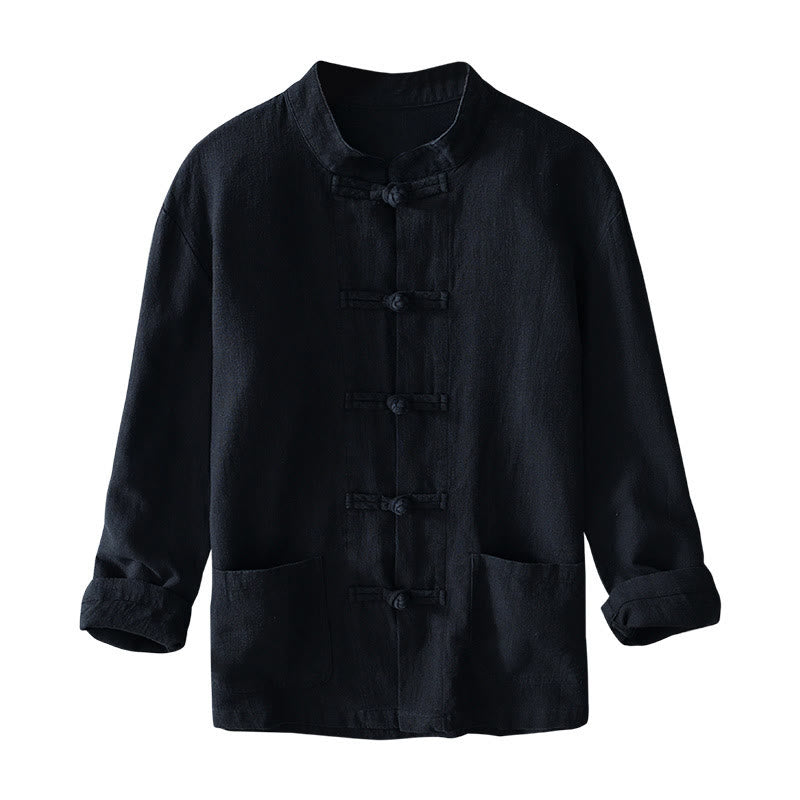 Abito cinese Tang con bottoni a forma di rana e motivo Buddha Stones, camicia da uomo in cotone e lino con tasche. - image 21