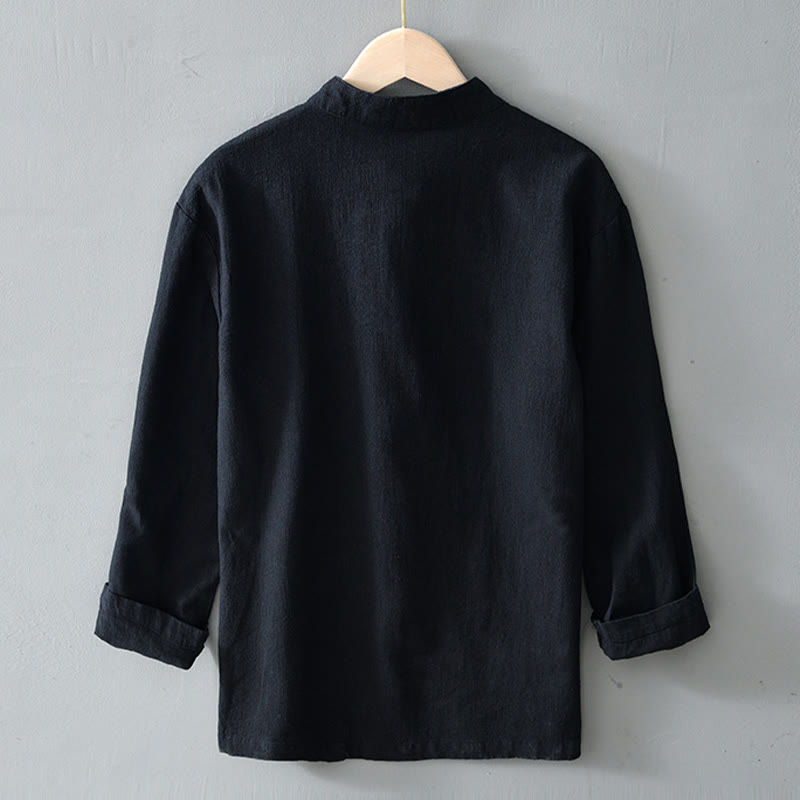 Abito cinese Tang con bottoni a forma di rana e motivo Buddha Stones, camicia da uomo in cotone e lino con tasche. - image 14