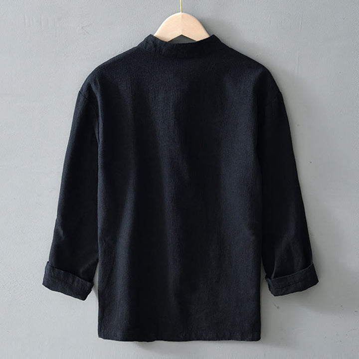 Abito cinese Tang con bottoni a forma di rana e motivo Buddha Stones, camicia da uomo in cotone e lino con tasche. - image 14
