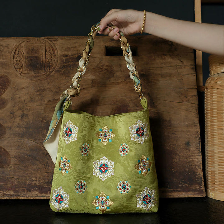 Borsa a tracolla per lo shopping in raso con ricamo Buddha Stones Su Journey