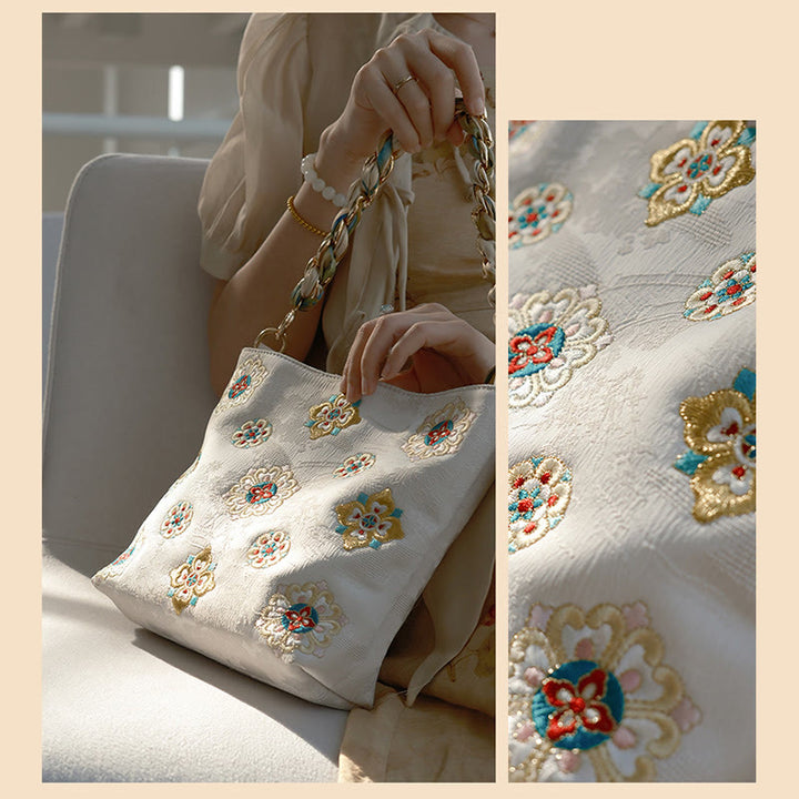 Borsa a tracolla per lo shopping in raso con ricamo Buddha Stones Su Journey