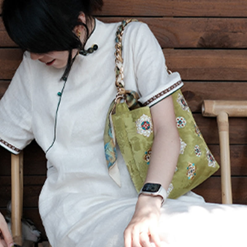 Borsa a tracolla per lo shopping in raso con ricamo Buddha Stones Su Journey