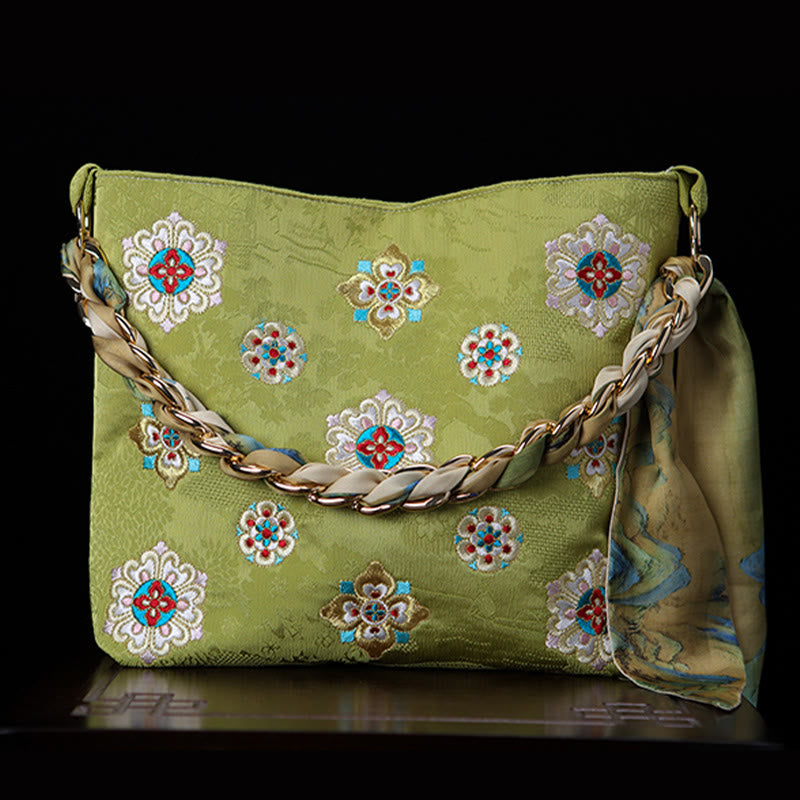 Borsa a tracolla per lo shopping in raso con ricamo Buddha Stones Su Journey