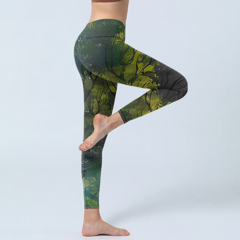Leggings da yoga da donna con stampa a linee nere e foglie verdi foresta Buddha Stones - image 3