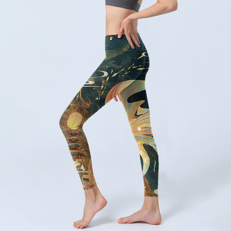 Leggings da yoga da donna con lanterna volante a forma di torre di pesce koi grigio ardesia scuro Buddha Stones - image 2
