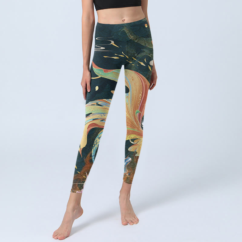 Leggings da yoga da donna con lanterna volante a forma di torre di pesce koi grigio ardesia scuro Buddha Stones - image 5
