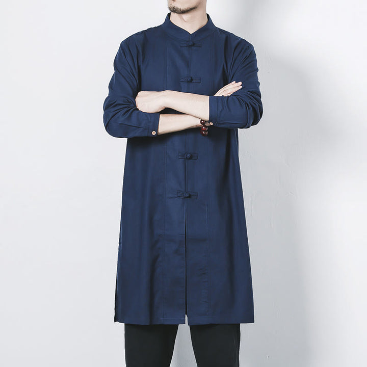 Cappotto da uomo in lino con bottoni a forma di rana, lunghezza media , Buddha Stones Fall Zen Clothing - image 7