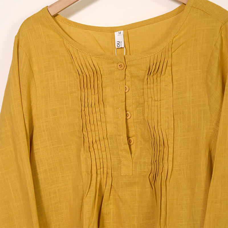 Camicia da donna in cotone e lino con scollo rotondo e maniche lunghe a pieghe casual con Buddha Stones - image 2