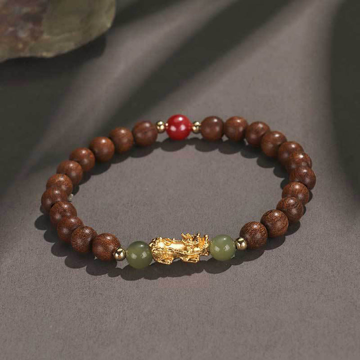 Buddha Stones Argento Sterling 999 Sandalo Legno di Ebano Foglia Piccola Sandalo Rosso Giada Hetian Cinabro Bracciale PiXiu Wealth - Sandalo dorato (circonferenza del polso: 14-16 cm) - image 3