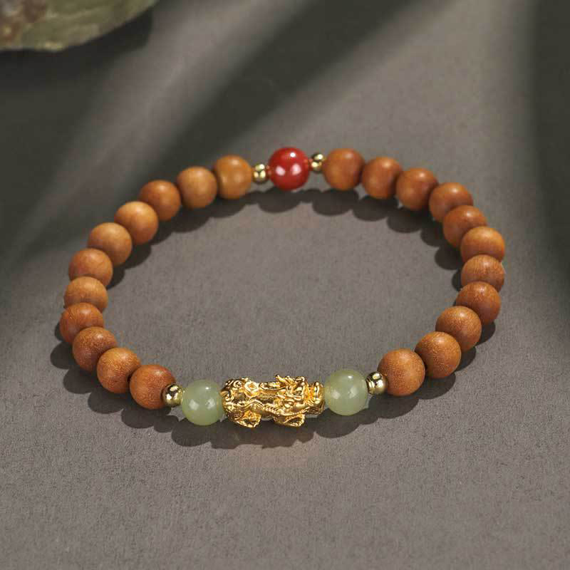 Buddha Stones Argento Sterling 999 Sandalo Legno di Ebano Foglia Piccola Sandalo Rosso Giada Hetian Cinabro Bracciale PiXiu Wealth - image 1