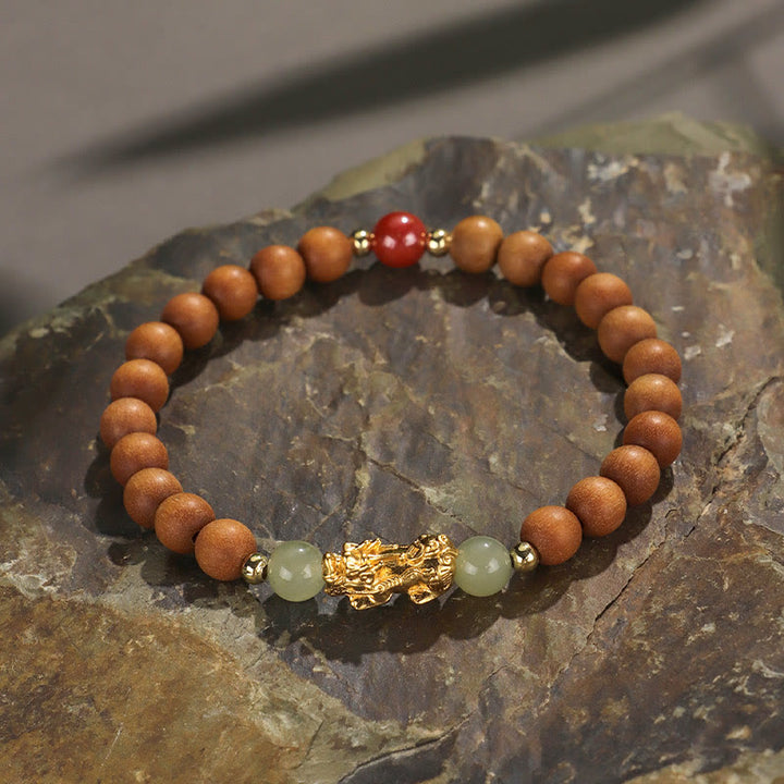 Buddha Stones Argento Sterling 999 Sandalo Legno di Ebano Foglia Piccola Sandalo Rosso Giada Hetian Cinabro Bracciale PiXiu Wealth - Sandalo (circonferenza del polso: 14-16 cm) - image 0