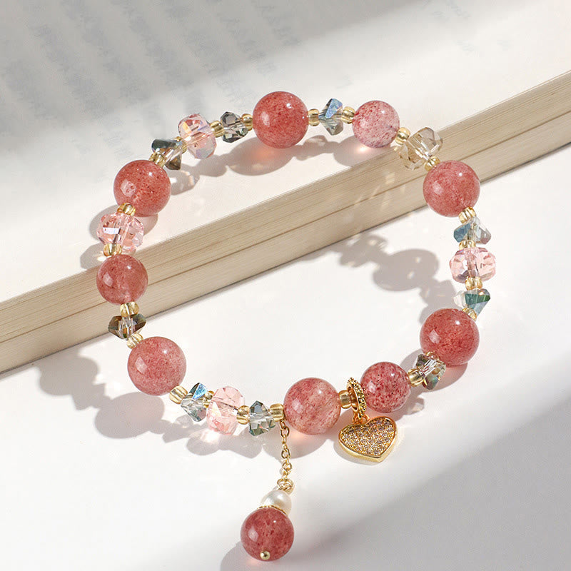 Braccialetto di guarigione a forma di cuore di Liuli con perle di cristallo bianco e quarzo fragola Buddha Stones