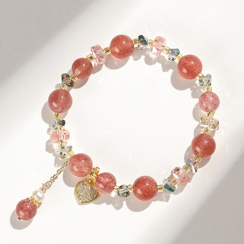 Braccialetto di guarigione a forma di cuore di Liuli con perle di cristallo bianco e quarzo fragola Buddha Stones