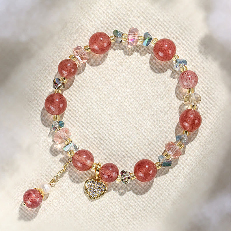 Braccialetto di guarigione a forma di cuore di Liuli con perle di cristallo bianco e quarzo fragola Buddha Stones