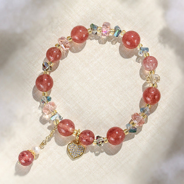 Braccialetto di guarigione a forma di cuore di Liuli con perle di cristallo bianco e quarzo fragola Buddha Stones