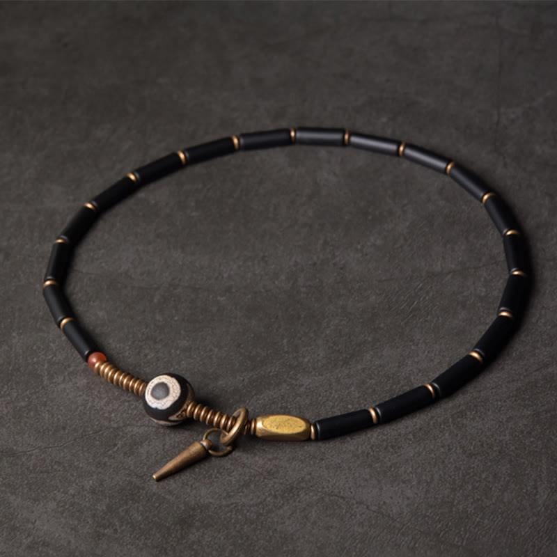 Braccialetto di protezione a doppio giro con ciondolo a cono in perline Dzi in rame e onice nero Buddha Stones