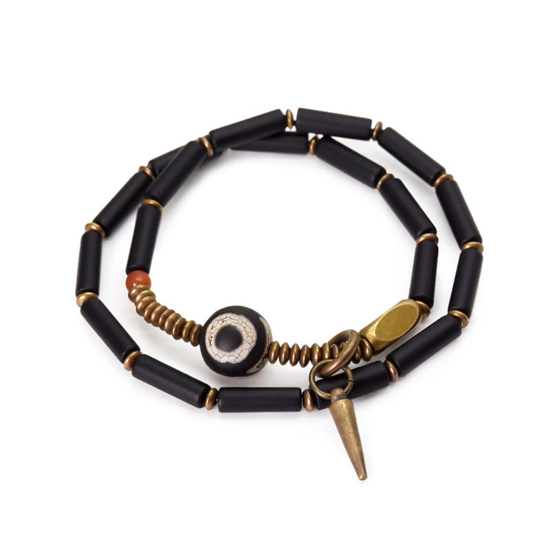 Braccialetto di protezione a doppio giro con ciondolo a cono in perline Dzi in rame e onice nero Buddha Stones