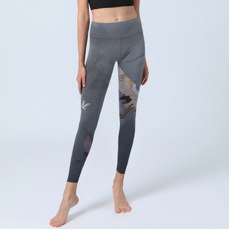 Leggings da palestra con stampa di albero di pino e gru bianca Buddha Stones, pantaloni da yoga da donna - image 5