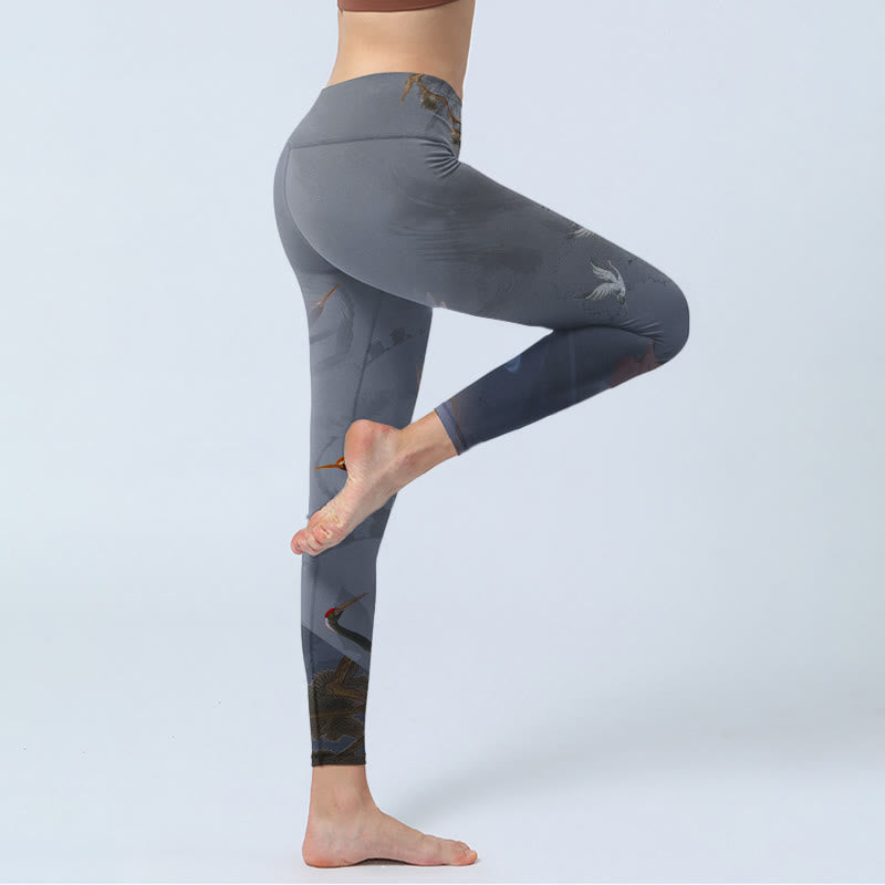 Leggings da palestra con stampa di albero di pino e gru bianca Buddha Stones, pantaloni da yoga da donna - image 3