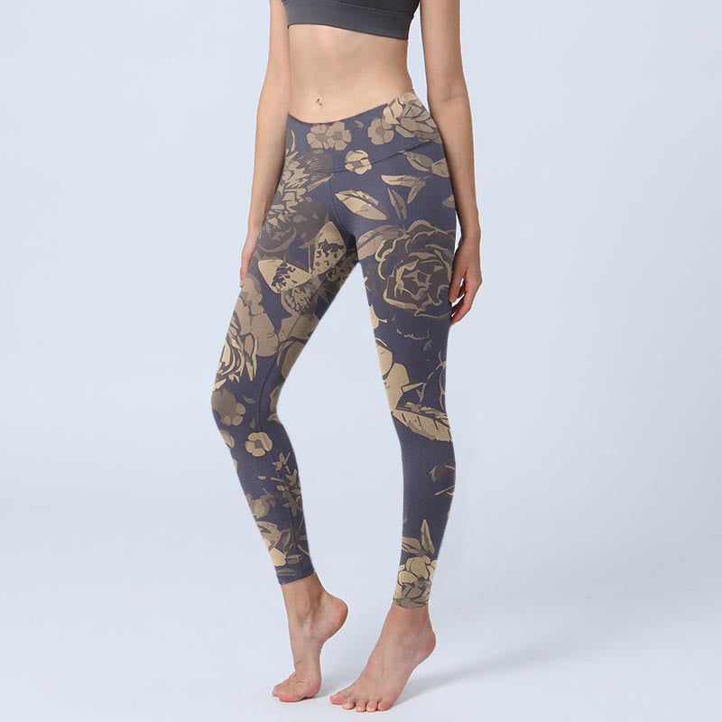 Leggings da palestra con stampa di fiori di peonia , Buddha Stones , foglie e fiori, pantaloni da yoga da donna - Cardo - US18, UK/AU22, EU50 (4XL) - image 0