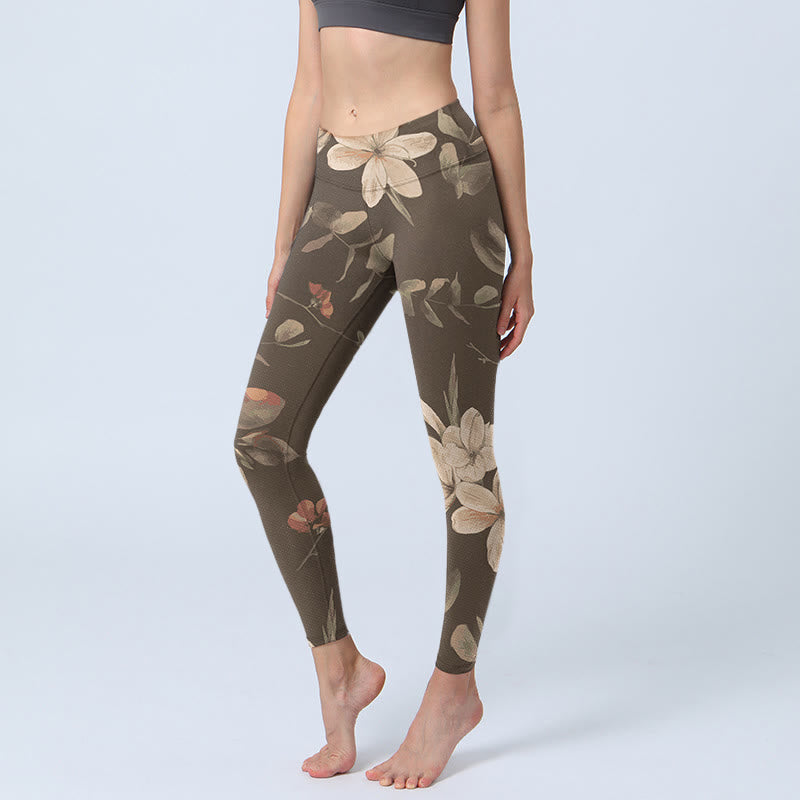 Leggings da palestra fitness con stampa di fiori bianchi viola Buddha Stones , pantaloni da yoga da donna - Cachi scuro - US18, UK/AU22, EU50 (4XL) - image 8