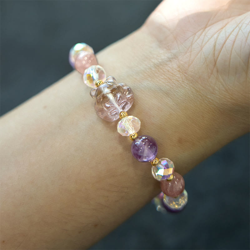 Bracciale da meditazione Buddha Stones, Ametista, Quarzo Fragola, Cristallo Bianco, Volpe a Nove Code