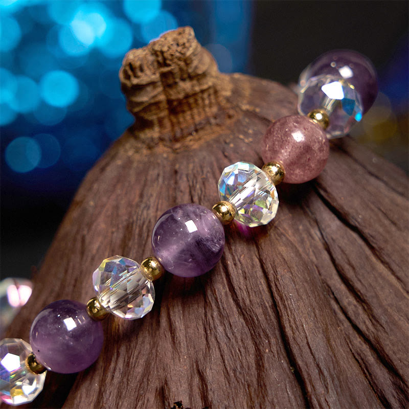 Bracciale da meditazione Buddha Stones, Ametista, Quarzo Fragola, Cristallo Bianco, Volpe a Nove Code