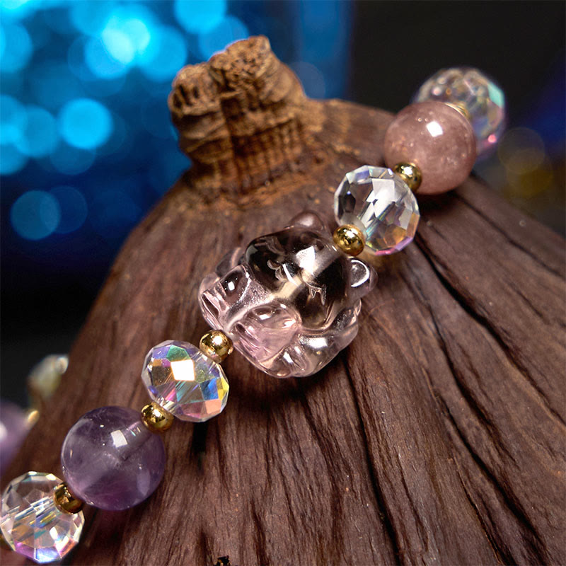 Bracciale da meditazione Buddha Stones, Ametista, Quarzo Fragola, Cristallo Bianco, Volpe a Nove Code