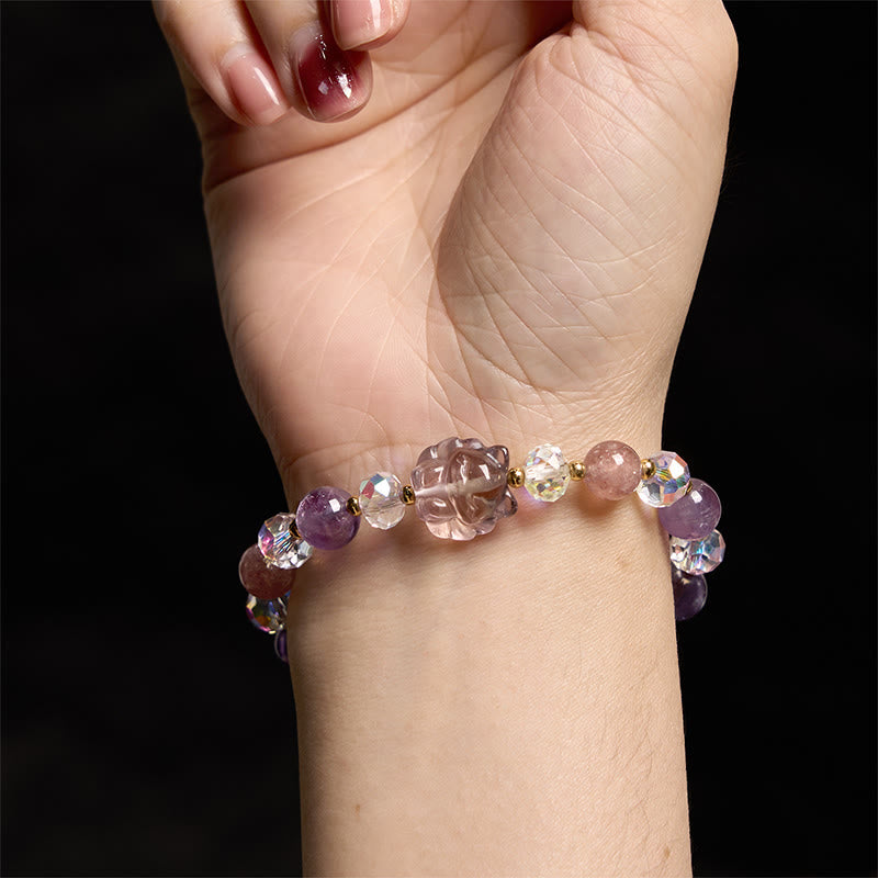 Bracciale da meditazione Buddha Stones, Ametista, Quarzo Fragola, Cristallo Bianco, Volpe a Nove Code