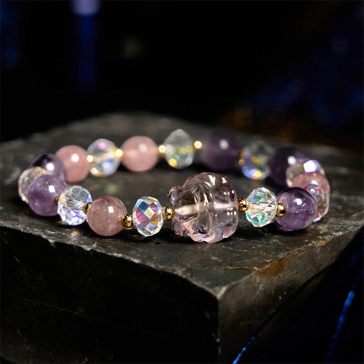 Bracciale da meditazione Buddha Stones, Ametista, Quarzo Fragola, Cristallo Bianco, Volpe a Nove Code