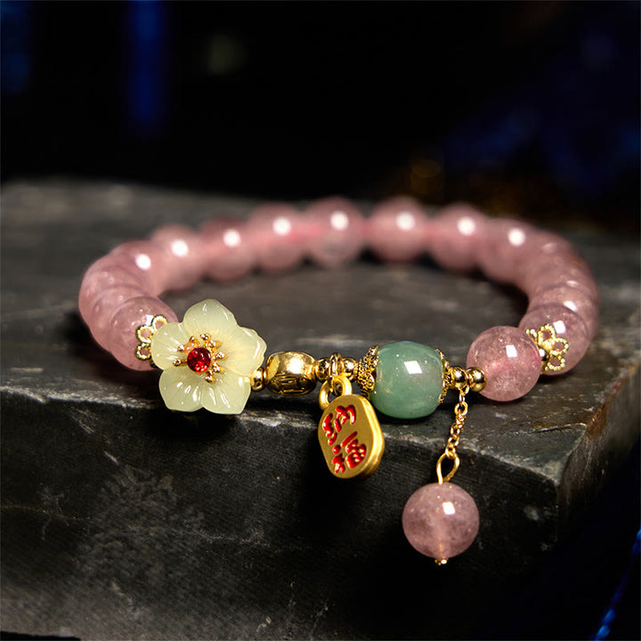 Braccialetto di guarigione positivo con carattere Fu, quarzo fragola naturale Buddha Stones