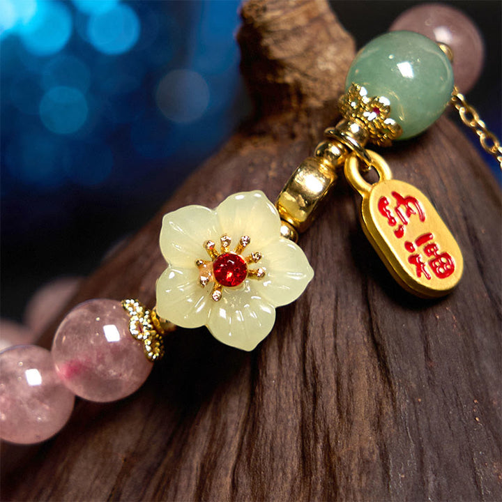 Braccialetto di guarigione positivo con carattere Fu, quarzo fragola naturale Buddha Stones