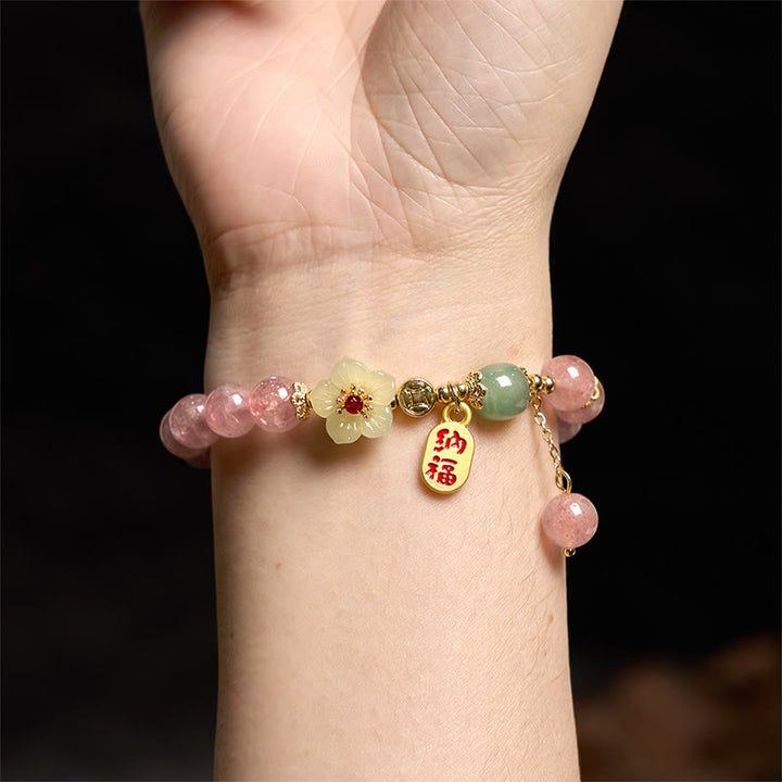 Braccialetto di guarigione positivo con carattere Fu, quarzo fragola naturale Buddha Stones