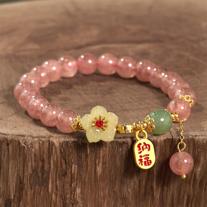 Braccialetto di guarigione positivo con carattere Fu, quarzo fragola naturale Buddha Stones