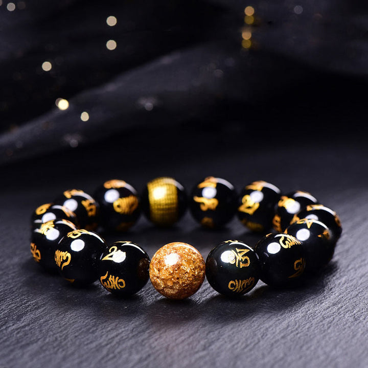 Buddha Stones Sei vere parole Om Mani Padme Hum Braccialetto creatività in lamina d'oro con ossidiana arcobaleno