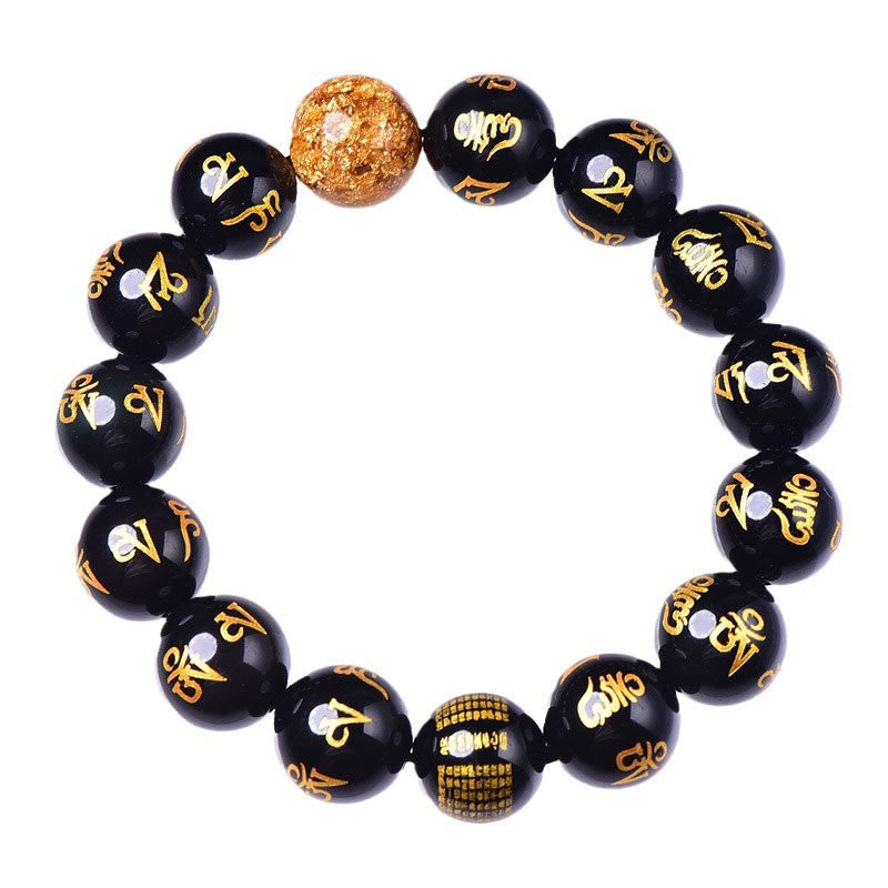 Buddha Stones Sei vere parole Om Mani Padme Hum Braccialetto creatività in lamina d'oro con ossidiana arcobaleno