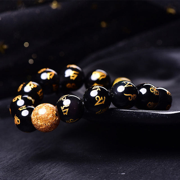 Buddha Stones Sei vere parole Om Mani Padme Hum Braccialetto creatività in lamina d'oro con ossidiana arcobaleno