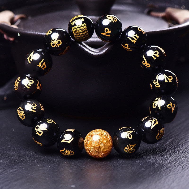 Buddha Stones Sei vere parole Om Mani Padme Hum Braccialetto creatività in lamina d'oro con ossidiana arcobaleno