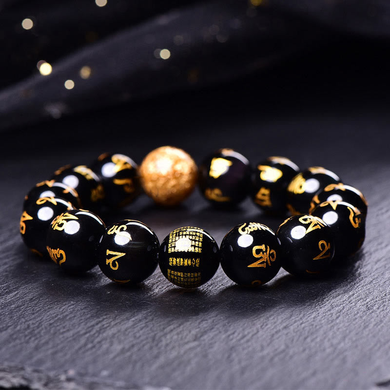 Buddha Stones Sei vere parole Om Mani Padme Hum Braccialetto creatività in lamina d'oro con ossidiana arcobaleno