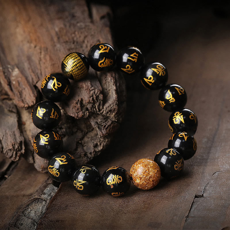 Buddha Stones Sei vere parole Om Mani Padme Hum Braccialetto creatività in lamina d'oro con ossidiana arcobaleno