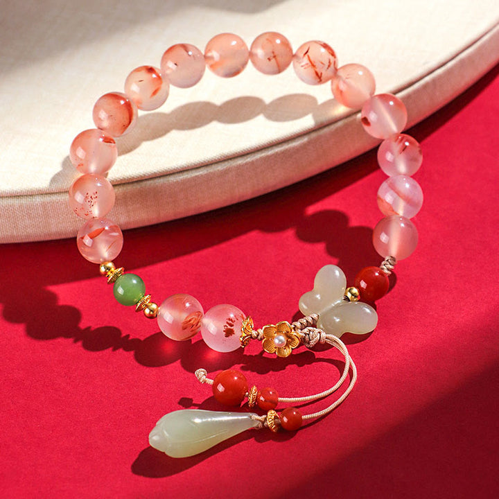 Braccialetto della fortuna Buddha Stones South Red Agate Butterfly Orchid Hetian Jade