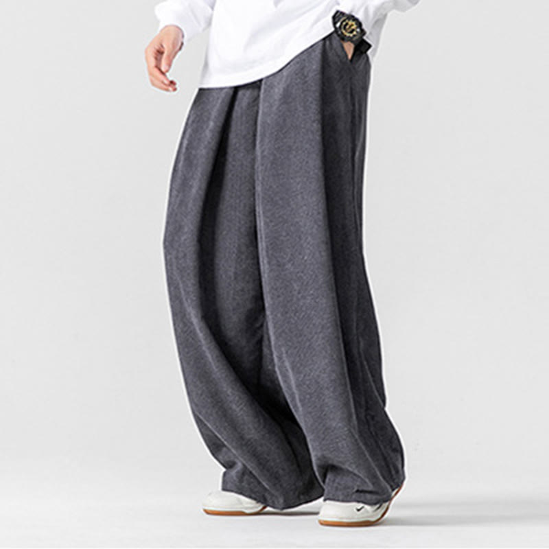 Pantaloni da uomo a gamba larga in velluto a coste tinta unita con motivo Buddha Stones e tasche - image 6