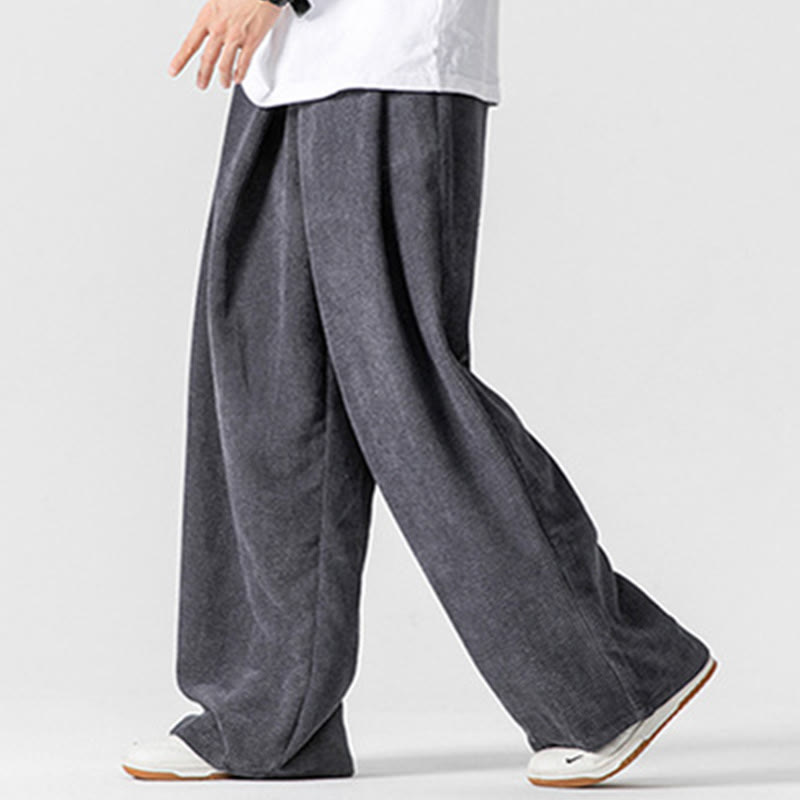 Pantaloni da uomo a gamba larga in velluto a coste tinta unita con motivo Buddha Stones e tasche - image 3