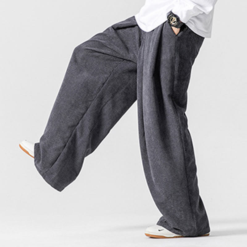 Pantaloni da uomo a gamba larga in velluto a coste tinta unita con motivo Buddha Stones e tasche - image 7
