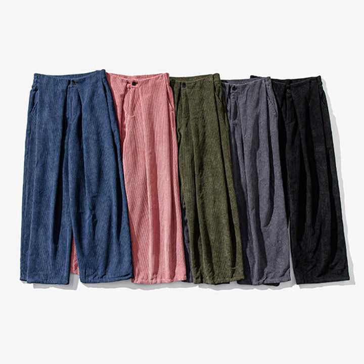 Pantaloni da uomo a gamba larga in velluto a coste tinta unita con motivo Buddha Stones e tasche - image 45