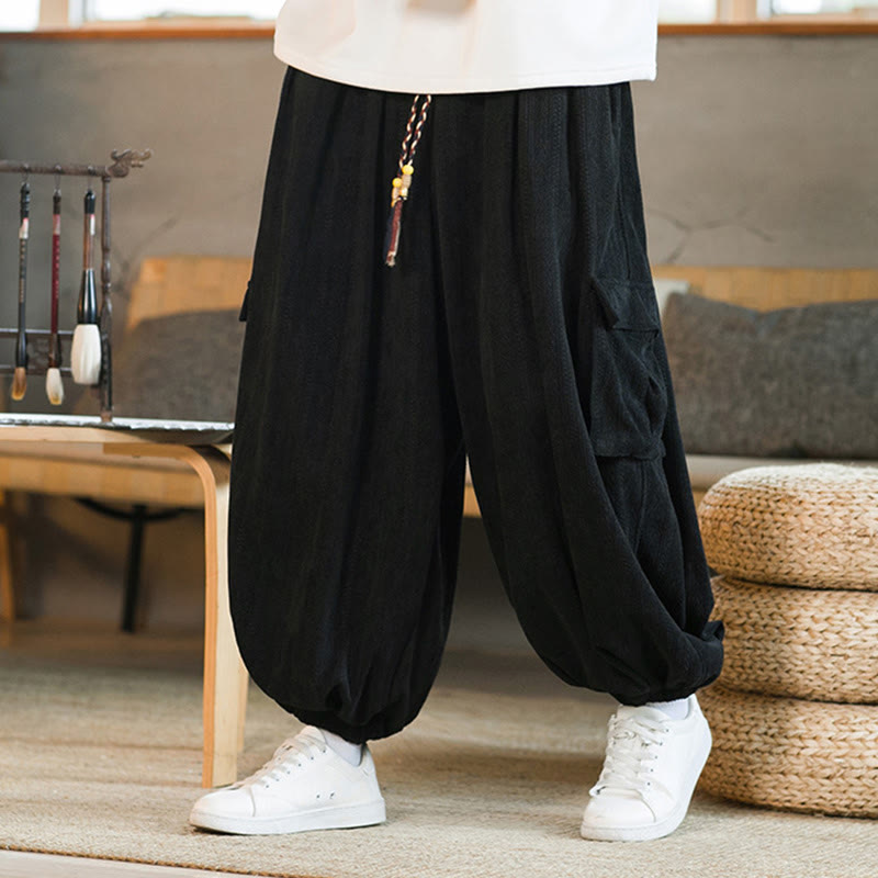 Pantaloni cargo in velluto a coste con coulisse e tasche da uomo Buddha Stones autunno inverno - Nero - US/UK/AU46, EU56 (5XL) - image 0