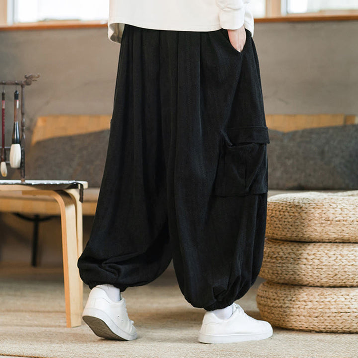 Pantaloni cargo in velluto a coste con coulisse e tasche da uomo Buddha Stones autunno inverno - image 4